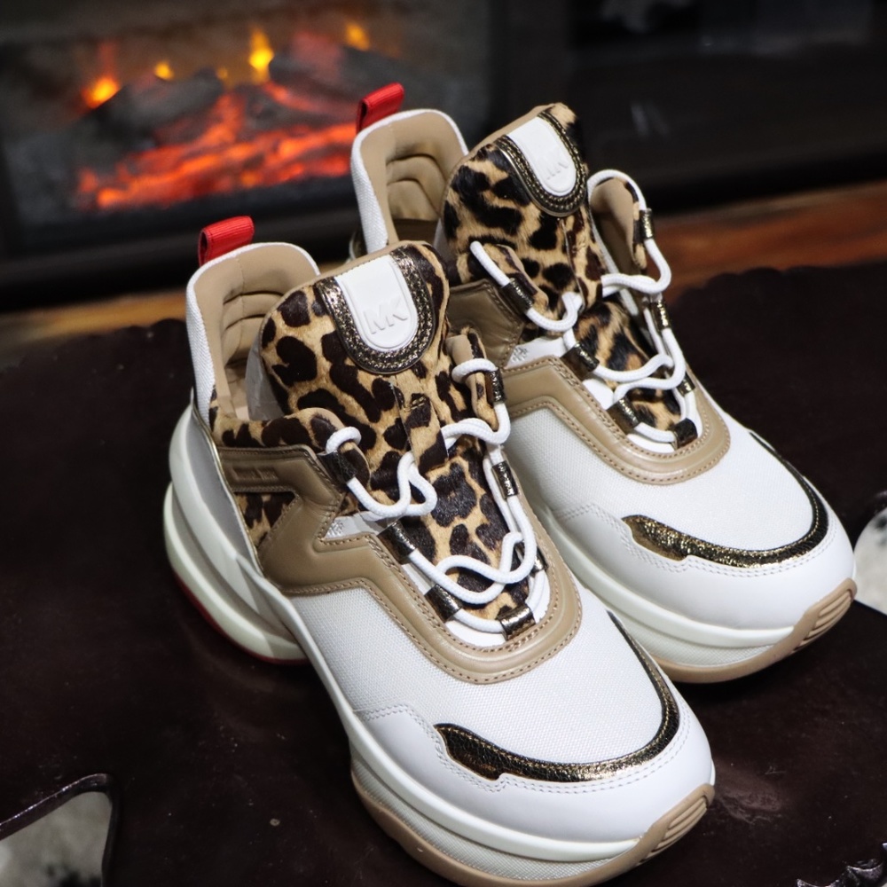 Michael Kors Olympia Trainer in Optic White & Animal Print 9